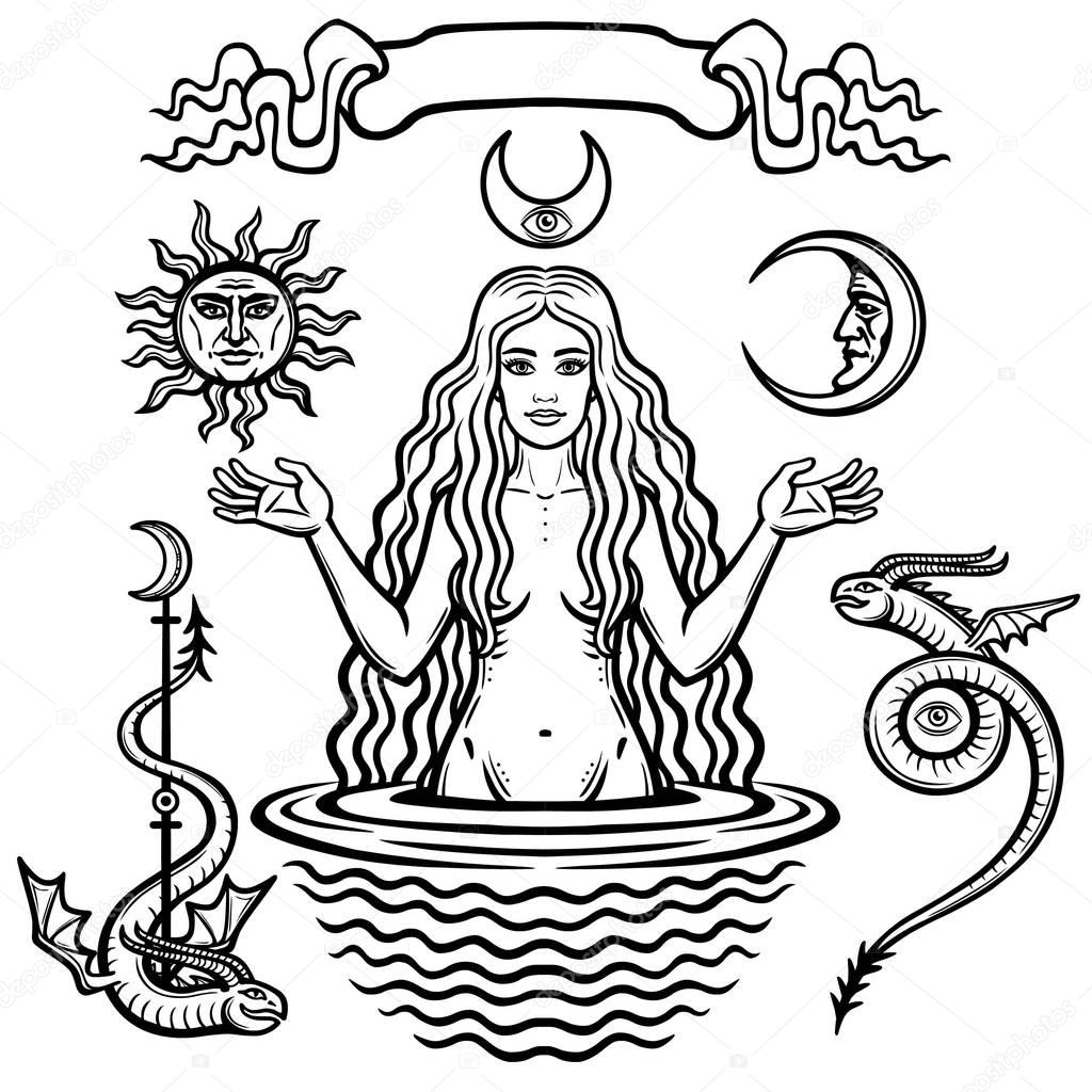 Set of alchemical symbols: young beautiful woman holds  sun and  moon in hand. Eve's image, fertility, temptation. Esoteric, mystic, occultism. Vector illustration isolated on a white background.