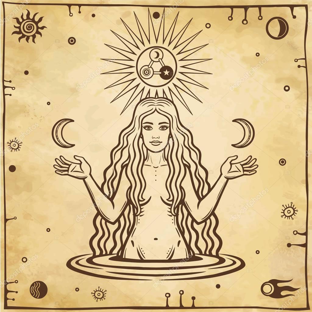 Alchemical drawing: young beautiful woman holds moons in hand. Esoteric, mystic, occultism. Symbols of the sun and moon. Background - imitation of old paper. Vector illustration.
