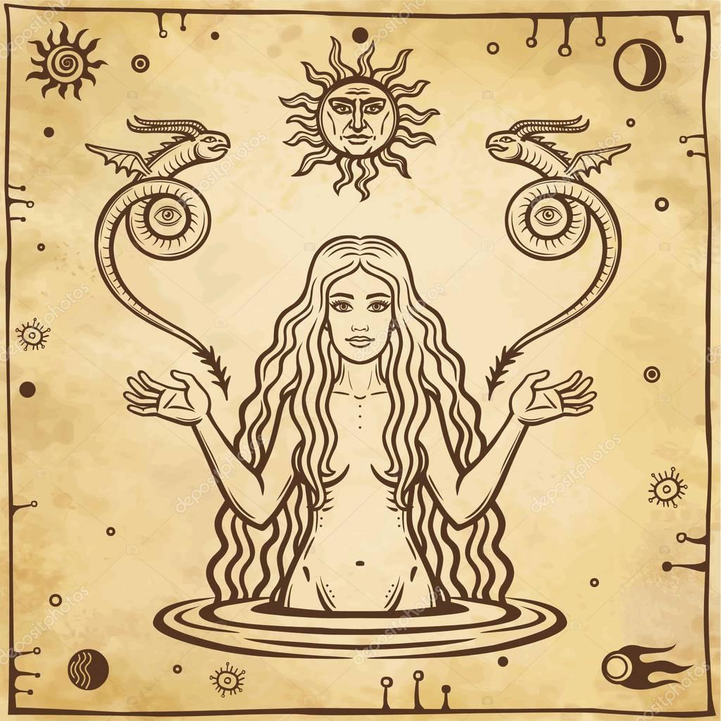 Alchemical drawing: young beautiful woman holds winged snakes in hand. Esoteric, mystic, occultism. Symbols of the sun and moon. Background - imitation of old paper. Vector illustration.