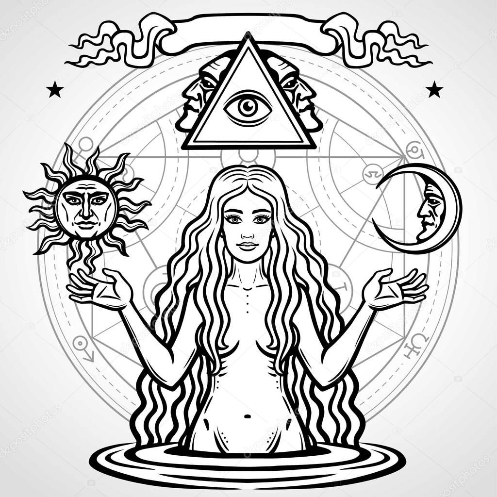 Set of alchemical symbols: young beautiful woman holds  sun and  moon in hand. Eve's image, fertility, temptation. Esoteric, mystic, occultism. Vector illustration isolated on a  grey background.