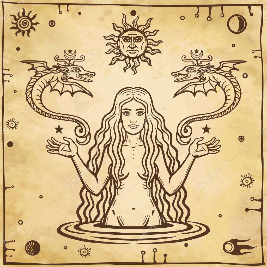 Alchemical drawing: young beautiful woman holds winged snakes in hand. Esoteric, mystic, occultism. Symbols of the sun and moon. Background - imitation of old paper. Vector illustration.