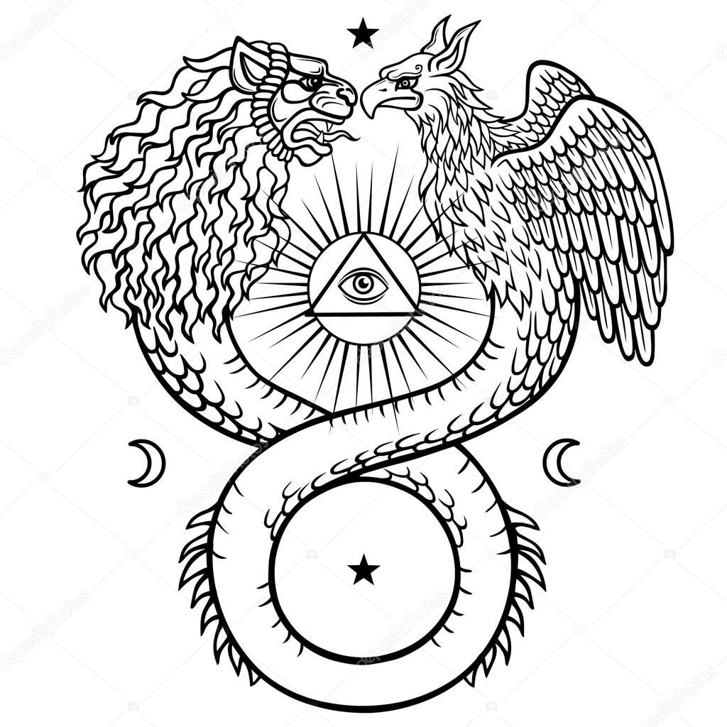Image of fantastic animal ouroboros with a body of a snake and two heads of a lion and a bird. Sacred pyramid, all-seeing eye.  Vector illustration isolated on a white background.