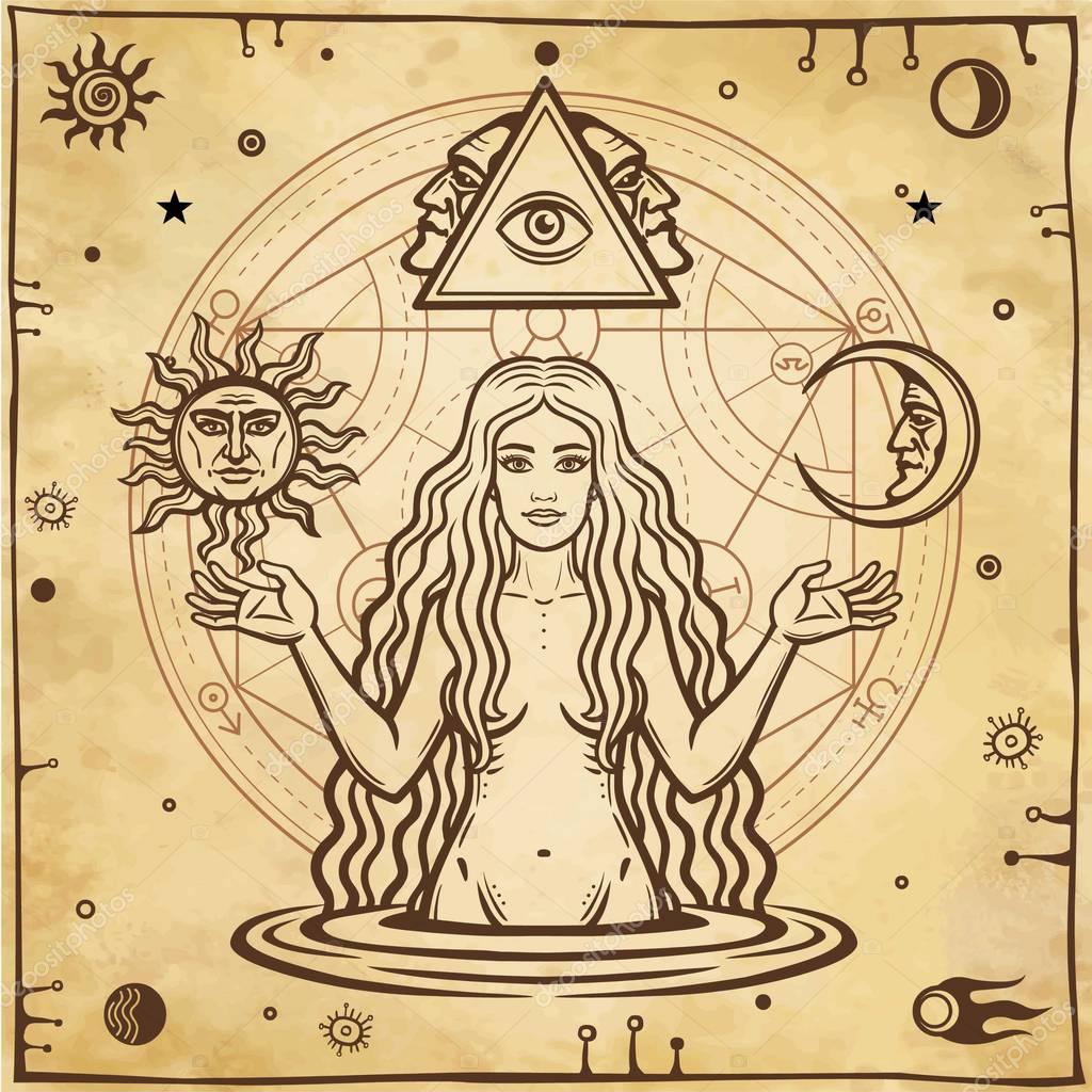 Alchemical drawing: young beautiful woman, Eve's image, fertility, temptation. Esoteric, mystic, occultism. Symbols of the sun and moon. Background - imitation of old paper. Vector illustration.