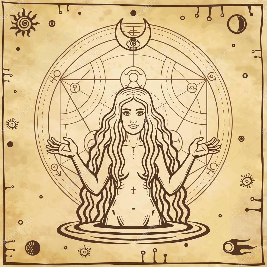 Alchemical drawing: young beautiful woman, Eve's image, fertility, temptation. Esoteric, mystic, occultism. Symbols of the sun and moon. Background - imitation of old paper. Vector illustration.