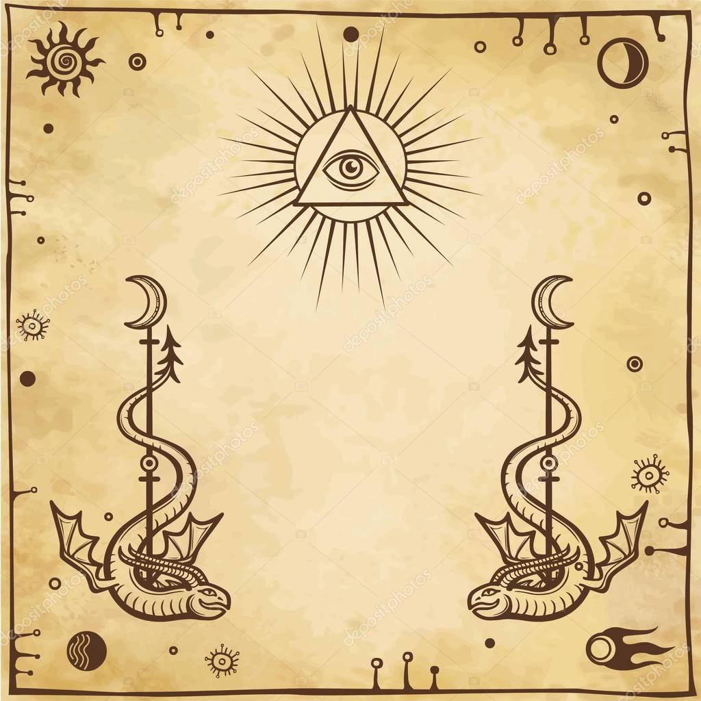 Alchemical drawing: winged snakes, all-seeing eye. Esoteric, mystic, occultism. Symbols of the sun and moon. Background - imitation of old paper. Vector illustration.