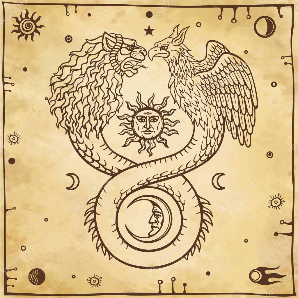 Image of fantastic animal ouroboros with a body of a snake and two heads of a lion and a bird. Symbols of the moon and sun. Background - imitation of old paper. Vector illustration.