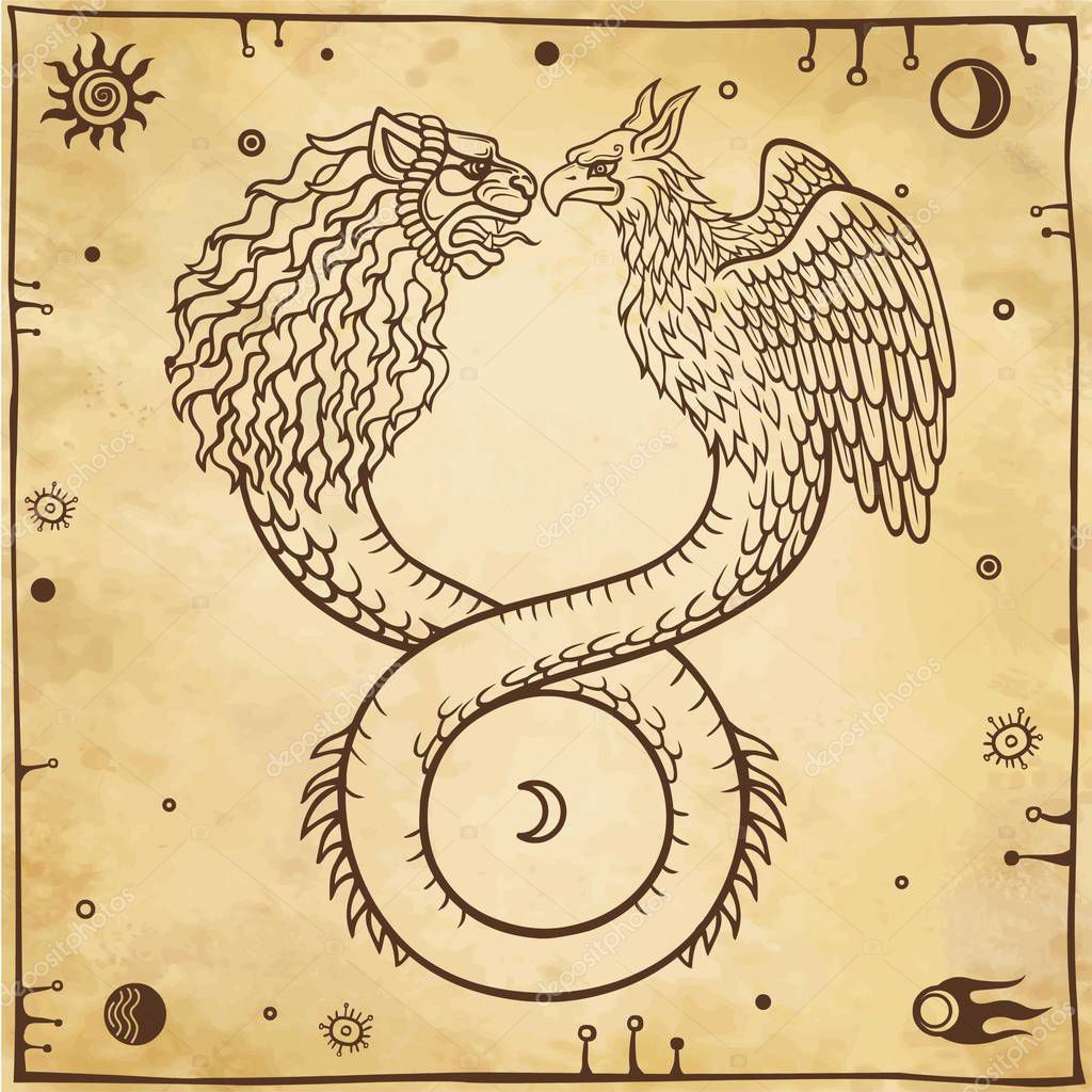 Image of fantastic animal ouroboros with a body of a snake and two heads of a lion and a bird. Symbols of the moon and sun. Background - imitation of old paper. Vector illustration.