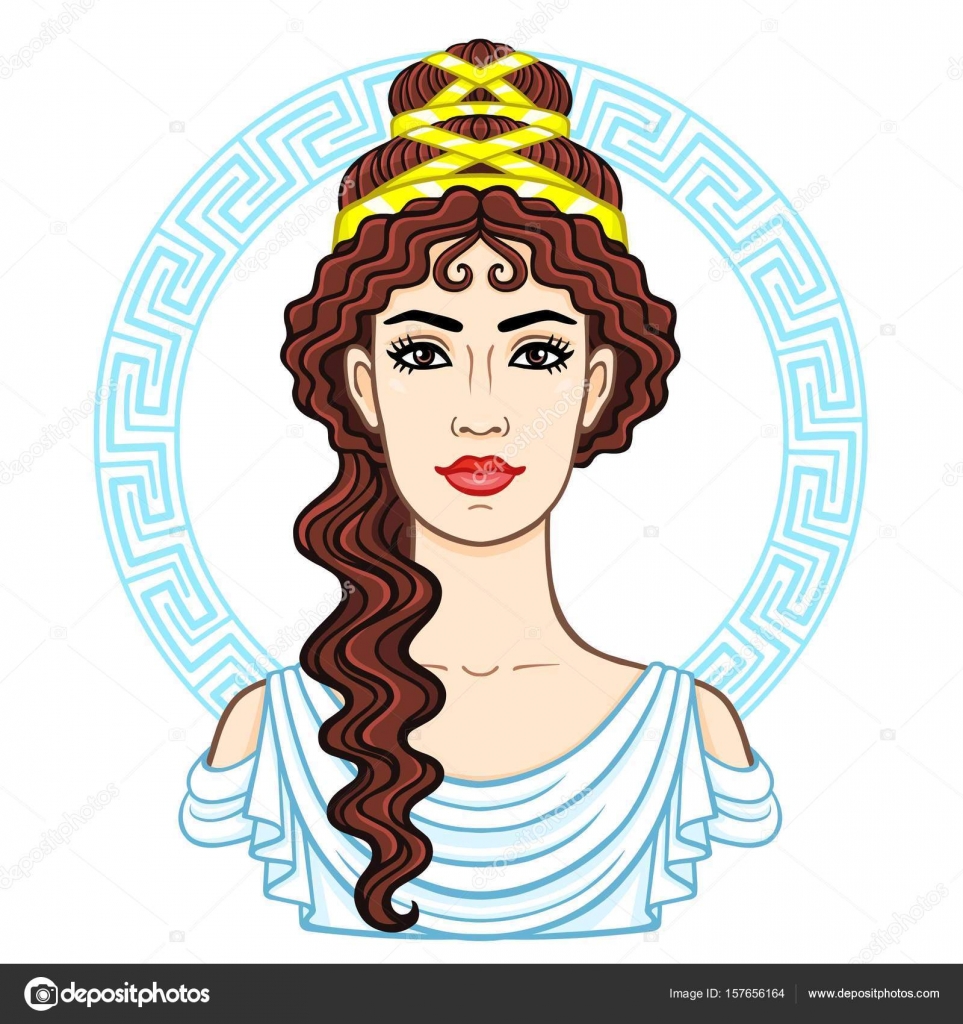 Animation portrait of the young beautiful Greek woman in ancient clothes.  Decorative circle. The vector illustration isolated on a white background.  Stock Vector by ©Roomyana 157656164