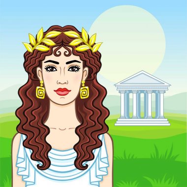 Animation portrait of the young beautiful Greek woman in ancient clothes in a laurel wreath. Background - a summer landscape, the green valley, the temple with columns. Vector illustration. clipart