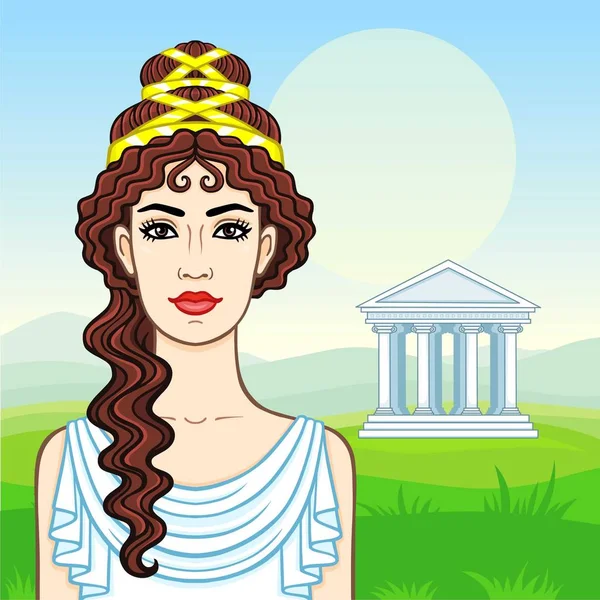 Retrato de animação da jovem mulher grega bonita em roupas antigas. Fundo - uma paisagem de verão, o vale verde, o templo com colunas. Ilustração vetorial . —  Vetores de Stock
