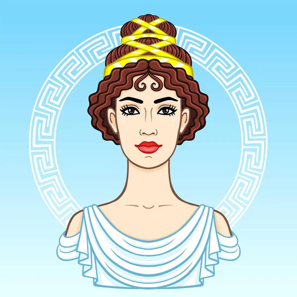 Animation portrait of the young beautiful Greek woman in ancient clothes. Decorative circle. The vector illustration isolated on a blue background. — Stock Vector