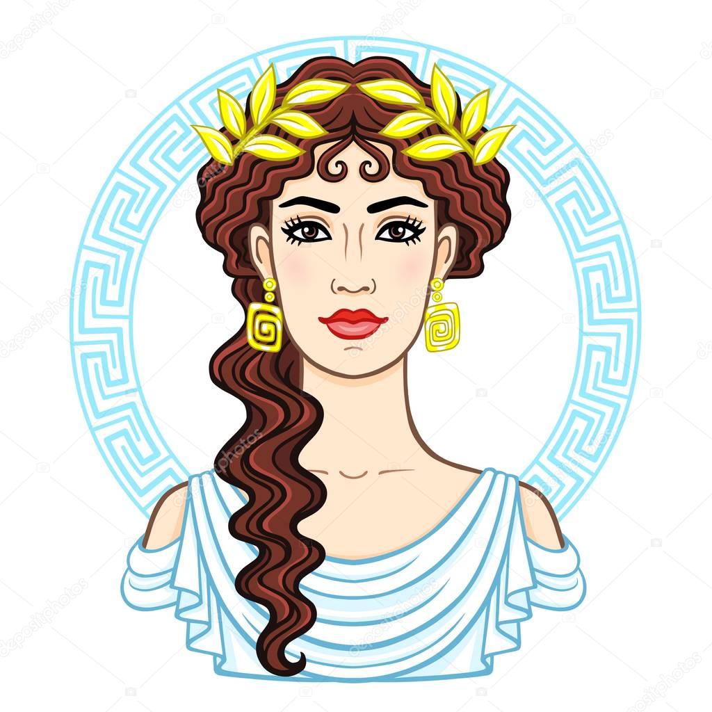 Animation portrait of the young beautiful Greek woman in ancient clothes in a laurel wreath. Decorative circle. The vector illustration isolated on a white background.