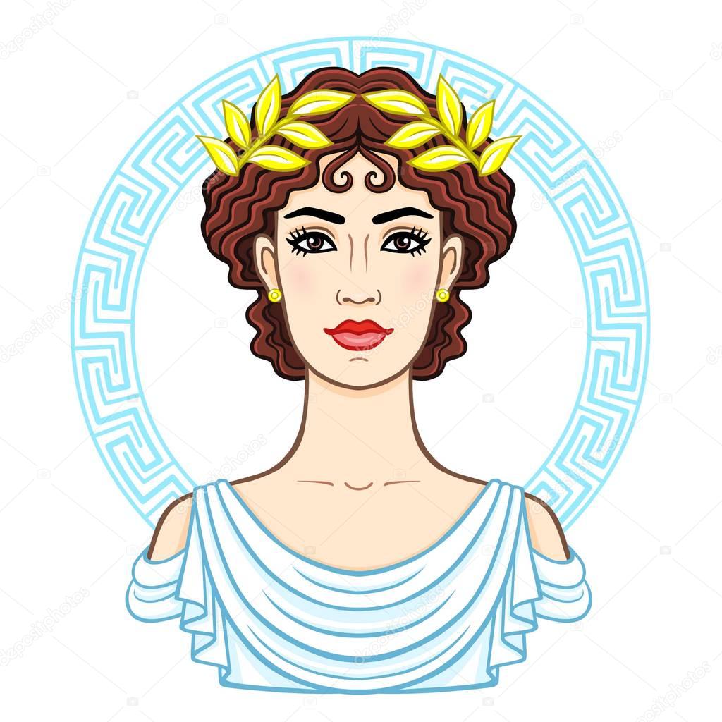 Animation portrait of the young beautiful Greek woman in ancient clothes in a laurel wreath. Decorative circle. The vector illustration isolated on a white background.