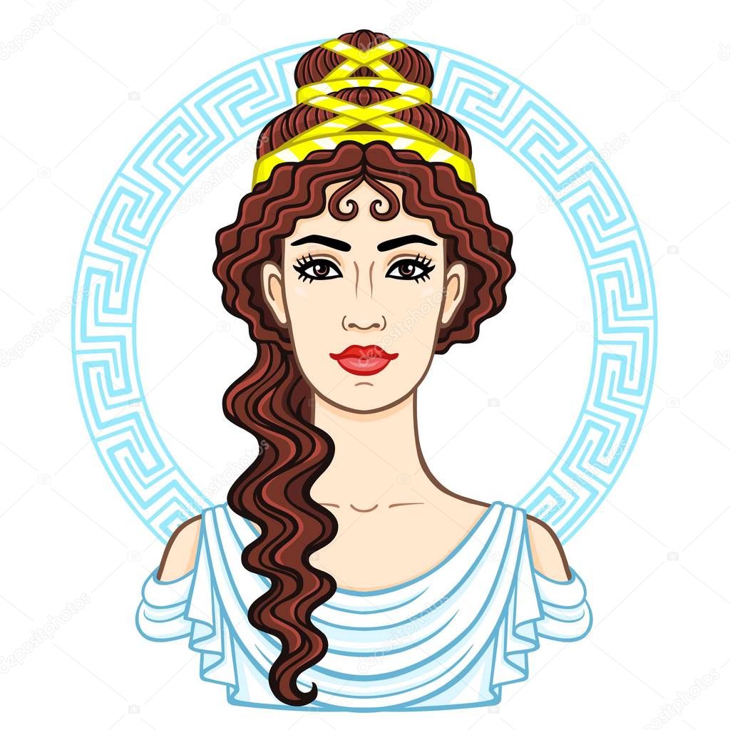 Animation portrait of the young beautiful Greek woman in ancient clothes. Decorative circle. The vector illustration isolated on a white background.