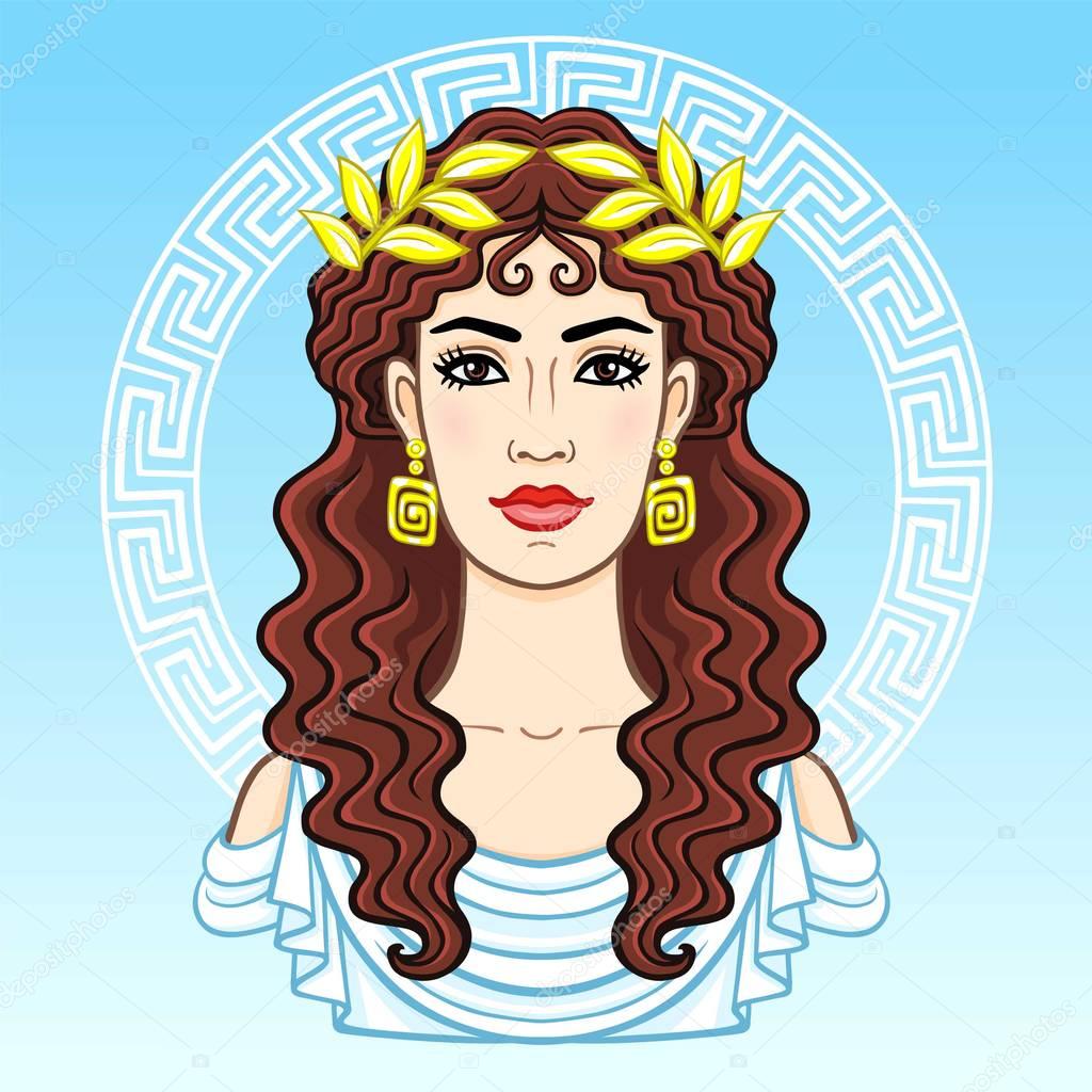 Animation portrait of the young beautiful Greek woman in ancient clothes in a laurel wreath. Decorative circle. The vector illustration isolated on a blue background.