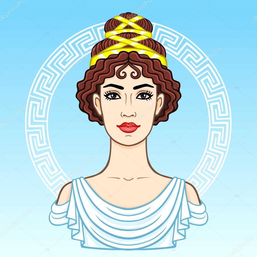 Animation portrait of the young beautiful Greek woman in ancient clothes. Decorative circle. The vector illustration isolated on a blue background.