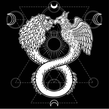 Bir yılan bir gövde ve bir aslan ve bir kuş iki kafa ile fantastik hayvan ouroboros görüntüsü. Kutsal geometri. Beyaz vektör illüstrasyon izole bir siyah arka plan üzerine.