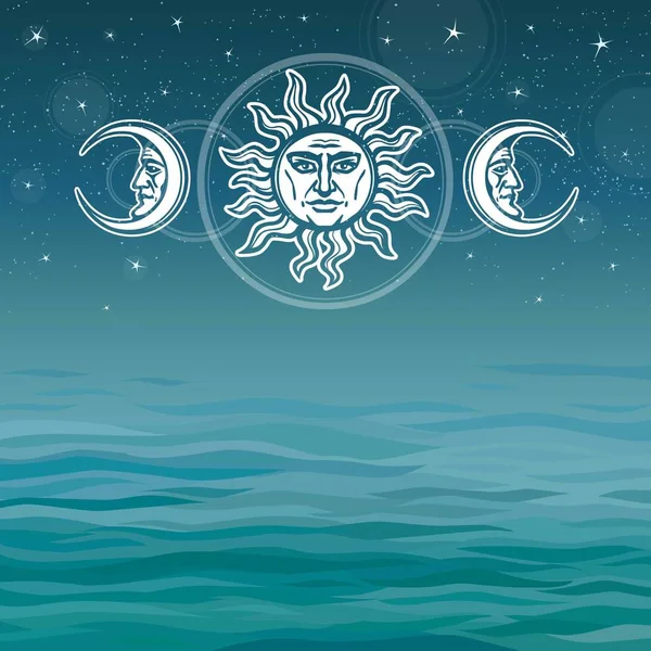 Het beeld van de zon en de maan met menselijke gezichten. Oude symbolen. Esoterisch, mystic, occultisme. Achtergrond - zee landschap. Vectorillustratie. Plaats voor de tekst. — Stockvector