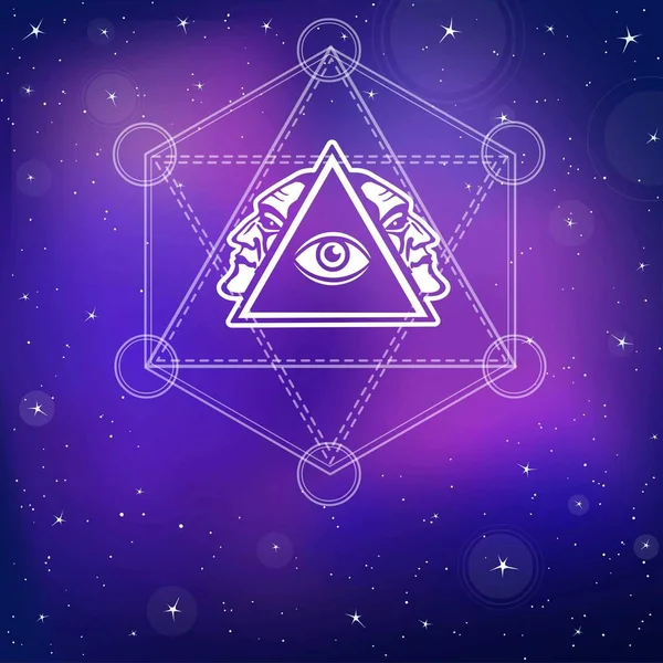 Mystical image of a pyramid, providence eye, profile of the person. Sacred geometry. Esoteric, mystic, occultism. Background - the night stellar sky. Vector illustration. — Stock Vector