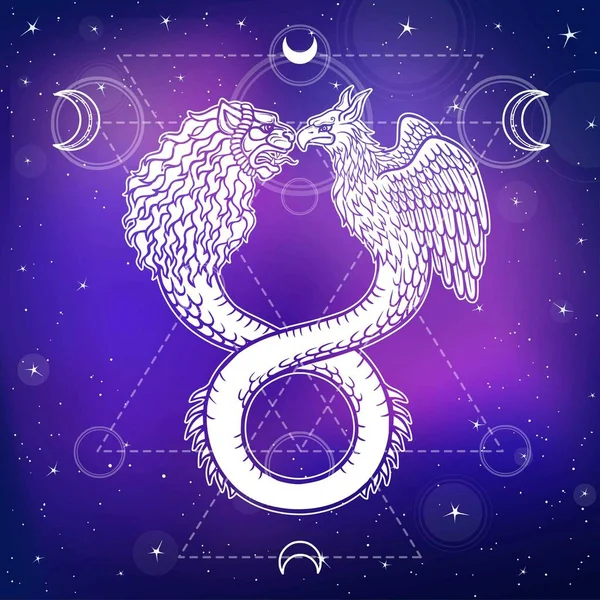 Image of fantastic animal ouroboros with a body of a snake and two heads of a lion and a bird. Background - the night stellar sky. Sacred geometry. Vector illustration. — Stock Vector