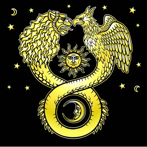Fantasztikus állat ouroboros egy test, egy kígyó és két fej, egy oroszlán és egy madár képe. Elszigetelt fekete alapon sárga rajz. Arany utánzat. Vektoros illusztráció. — Stock Vector