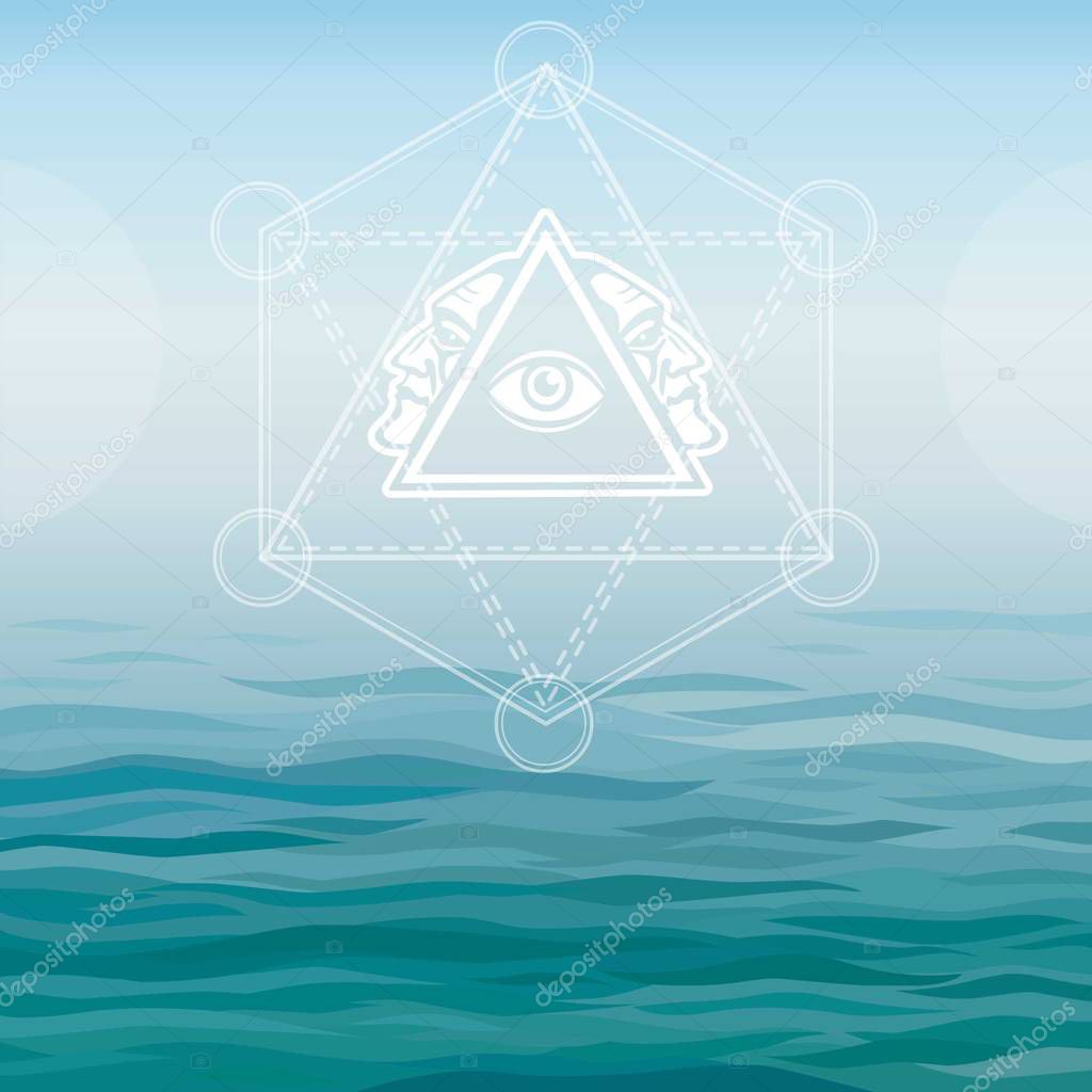 Mystical image of a pyramid, providence eye, profile of the person. Sacred geometry. Esoteric, mystic, occultism. Background - sea landscape. Vector illustration.  Place for the text.