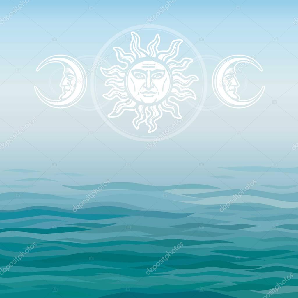 The image of the sun and the moon with human faces. Ancient symbols. Esoteric, mystic, occultism. Background - sea landscape. Vector illustration. Place for the text. 