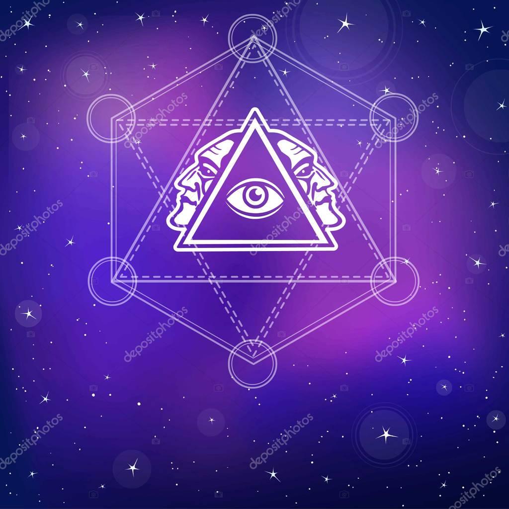 Mystical image of a pyramid, providence eye, profile of the person. Sacred geometry. Esoteric, mystic, occultism. Background - the night stellar sky. Vector illustration.