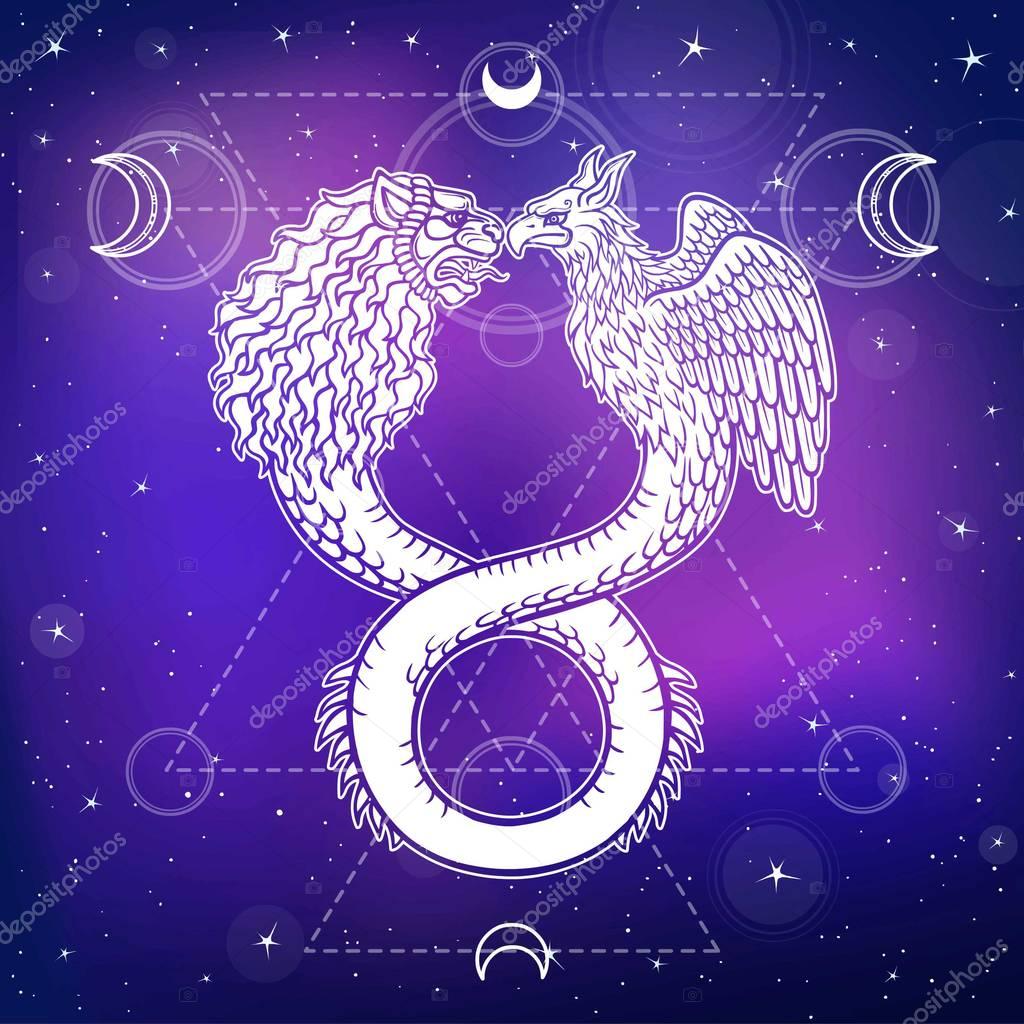 Image of fantastic animal ouroboros with a body of a snake and two heads of a lion and a bird. Background - the night stellar sky. Sacred geometry. Vector illustration.