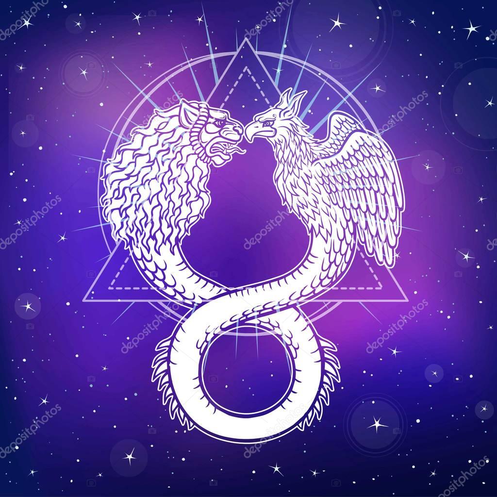 Image of fantastic animal ouroboros with a body of a snake and two heads of a lion and a bird.  Background - the night stellar sky. Vector illustration.