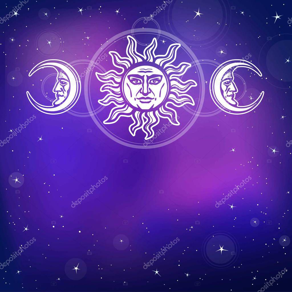 The image of the sun and the moon with human faces. Ancient symbols. Esoteric, mystic, occultism. Background - the night stellar sky. Vector illustration. Place for the text.