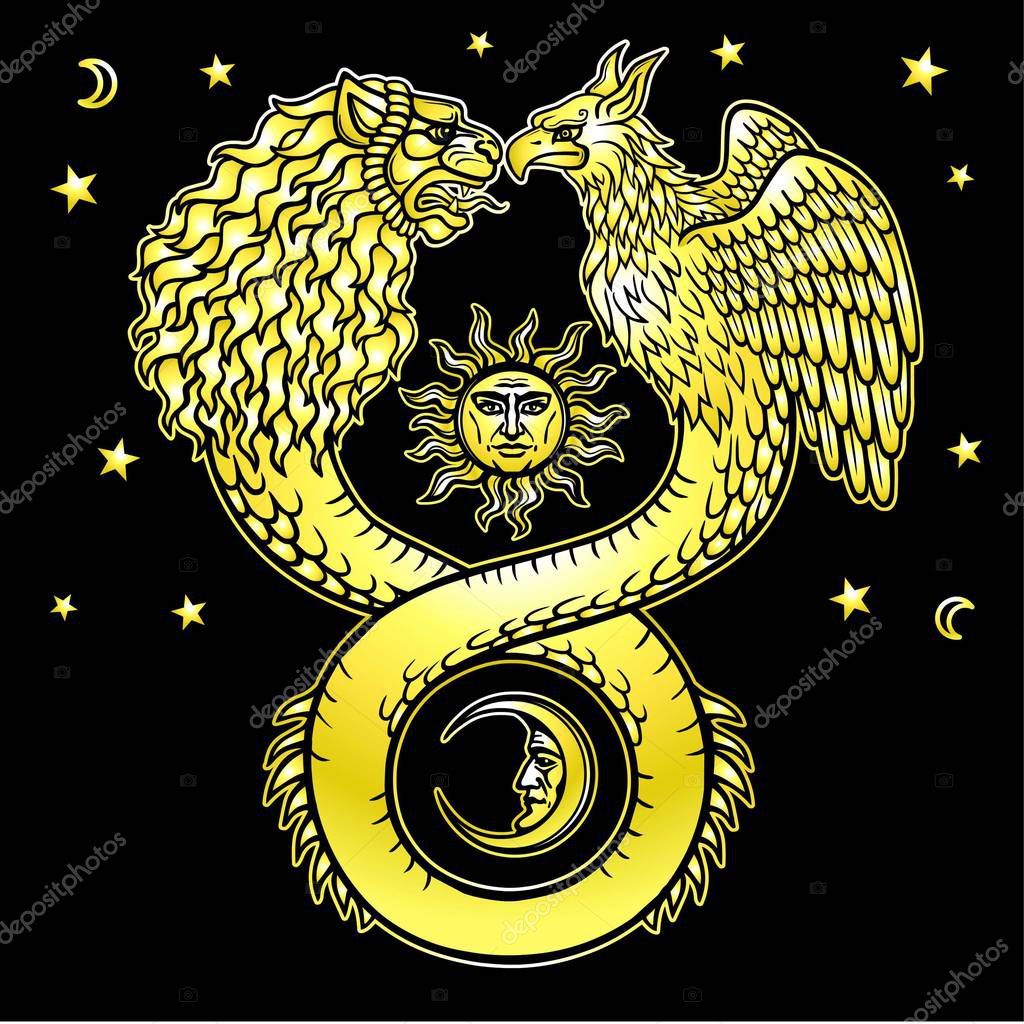 Image of fantastic animal ouroboros with a body of a snake and two heads of a lion and a bird.  Yellow drawing isolated on a black background. Gold imitation. Vector illustration.
