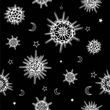 Dikişsiz tek renkli desen: radiolarias farklı formları, ayın sembolleri. Beyaz Siyah bir arka plan üzerinde çizim. Vektör çizim.