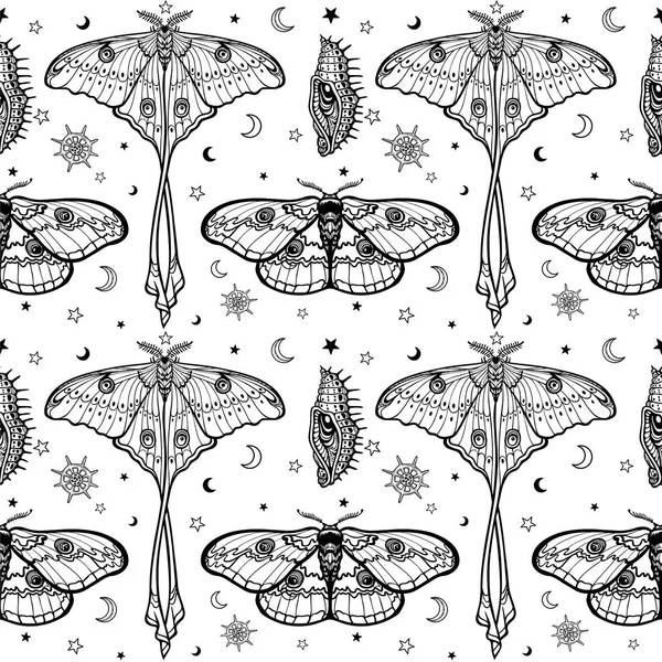 Modèle monochrome sans couture : papillons tropicaux, larves, symboles de la lune. Dessin noir sur fond blanc. Illustration vectorielle . — Image vectorielle