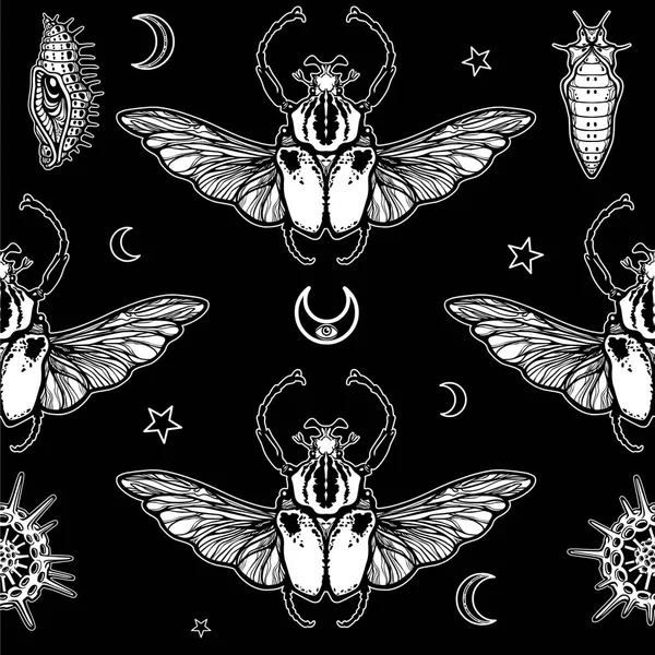 Modèle monochrome sans couture : bug Goliath, radiolaria, symboles de la lune. Dessin blanc sur fond noir. Illustration vectorielle . — Image vectorielle