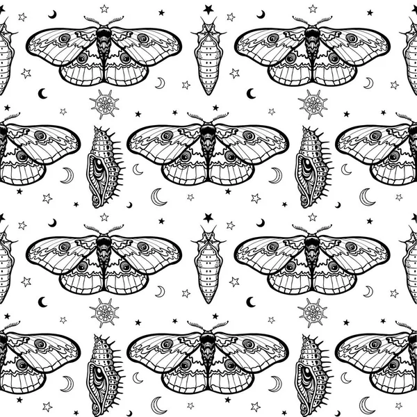 Patrón monocromo inconsútil: mariposas tropicales, larvas, símbolos de la luna. Dibujo negro sobre fondo blanco. Ilustración vectorial . — Vector de stock