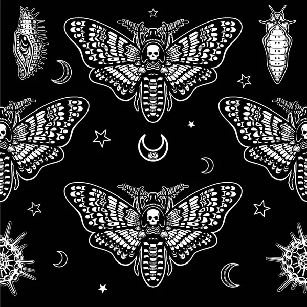 Naadloze zwart-wit patroon: nachtvlinder Dead Head, radiolaria, symbolen van de maan. Wit tekening op een zwarte achtergrond. Vectorillustratie. — Stockvector