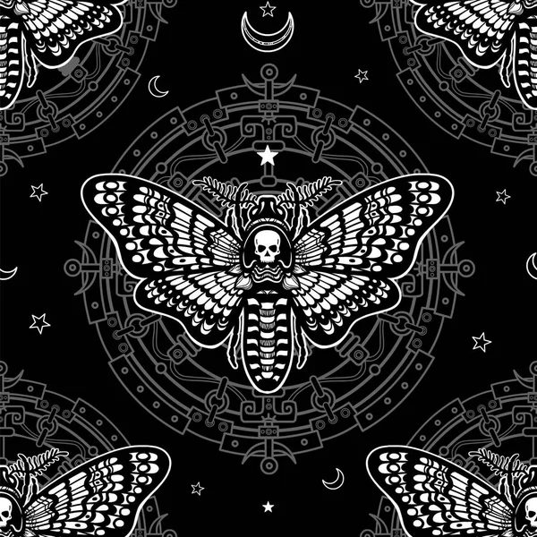 Seamless monochrome pattern: moth Dead Head, mystical circle, symbols of the moon. White drawing on a black background. Vector illustration. — Stock Vector