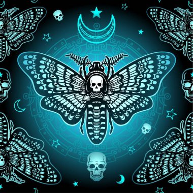 Kesintisiz renk desen: güve ölü kafa, mistik daire. Ezoterik, Tasavvuf, büyü. Raster illüstrasyon.