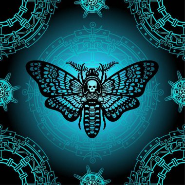 Kesintisiz renk desen: güve ölü kafa, mistik daire. Ezoterik, Tasavvuf, büyü. Vektör çizim.