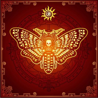 Gizemli arka plan: bir güve ölü kafa, mistik bir daire dekoratif çerçeve stilize renkli görüntü. Ezoterik, Tasavvuf, büyü. Baskı, poster, tişört, kart. Vektör çizim.