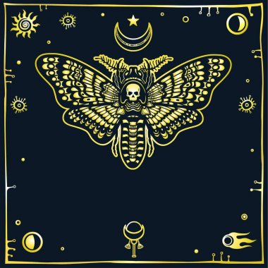 Görüntü stilize güve ölü kafa, dekoratif çerçeve alanı simgeler. Ezoterik, Tasavvuf, büyü. Baskı, poster, tişört, kart. Vektör çizim. Metin için yer.