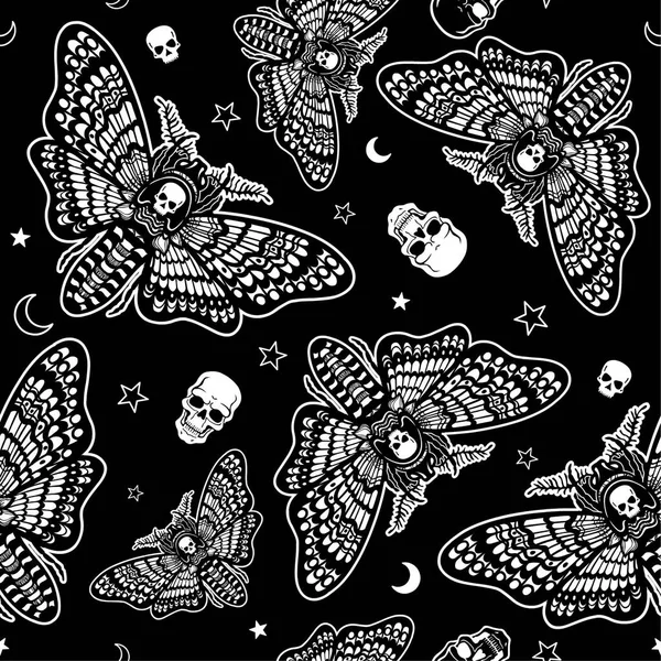 Varrat nélküli fekete-fehér mintázat: moly halott fej, koponya, Hold, csillagok. Ezoterikus, misztikum, okkultizmus. Vektoros illusztráció. — Stock Vector