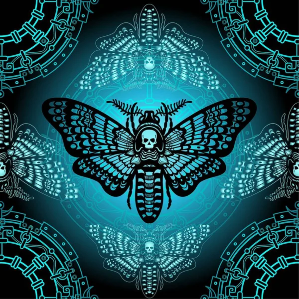 Sömlös färgmönster: moth Dead Head, mystisk cirkel. Esoteric, mystik, ockultism. Raster illustration. — Stock vektor