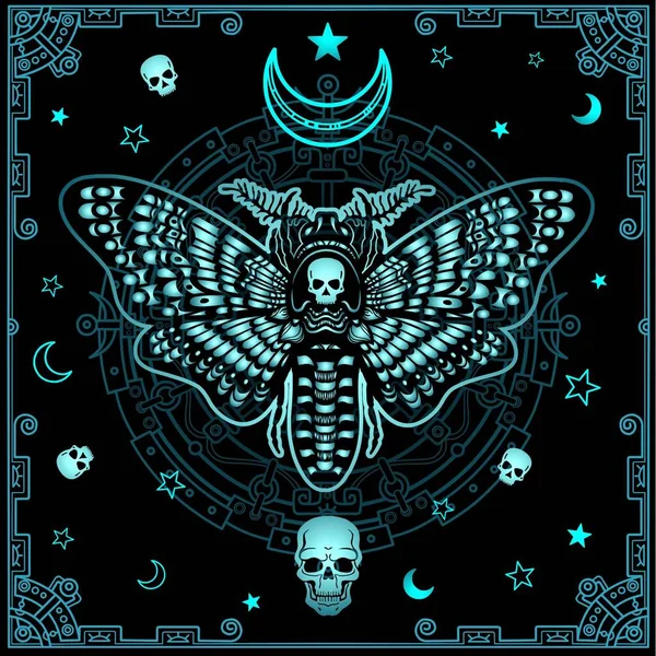 Μυστηριώδες παρασκήνιο: τυποποιημένο χρώμα εικόνα μιας πεταλούδας στο νεκρό κεφάλι, μυστικιστικό κύκλο, ένα διακοσμητικό πλαίσιο. Esoteric, μυστικισμού, αποκρυφισμού. Εκτύπωση, αφίσα, μπλουζάκι, κάρτα. Εικονογράφηση διάνυσμα. — Διανυσματικό Αρχείο