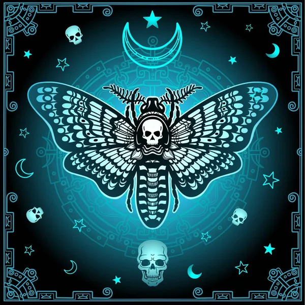 Mysterious background: the stylized color image of a moth the Dead Head, a mystical circle, a decorative frame. Esoteric, mysticism, occultism.  Print, poster, t-shirt, card. Vector illustration. — Stock Vector