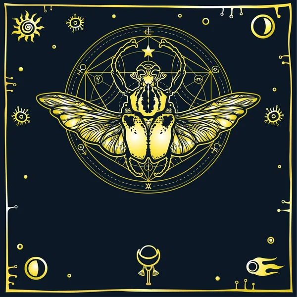 Image of the stylized bug Goliath, a decorative frame. Alchemical circle of transformations. Esoteric, mysticism, occultism. Print, poster, t-shirt, card. Vector illustration. The place for the text. — Stock Vector
