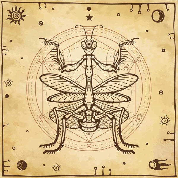 Decoratieve afbeelding van de Mantis. Alchemistische cirkel van transformaties. Esoterische, mystiek, tovenarij. Achtergrond - imitatie van oud papier. Vectorillustratie. — Stockvector