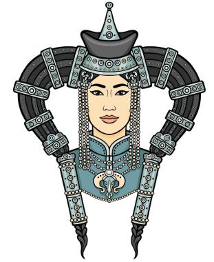 Ulusal headdress genç Moğol kız portresi. Beyaz bir arka plan üzerinde izole vektör çizim. Baskı, poster, tişört, tekstil.