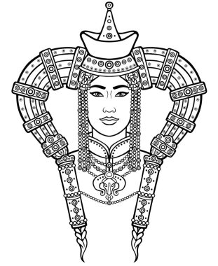 Ulusal headdress genç Moğol kız portresi. Beyaz bir arka plan üzerinde izole vektör çizim. Boyama kitabı için kullanılması. Baskı, poster, tişört, tekstil.